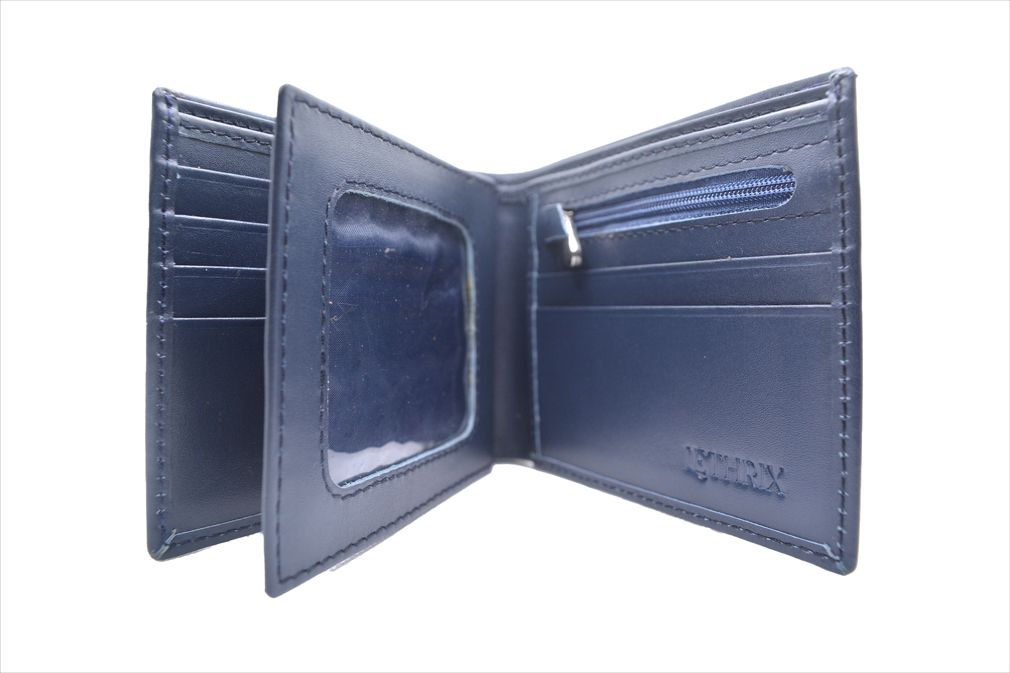 Blue leather wallet open on a white background