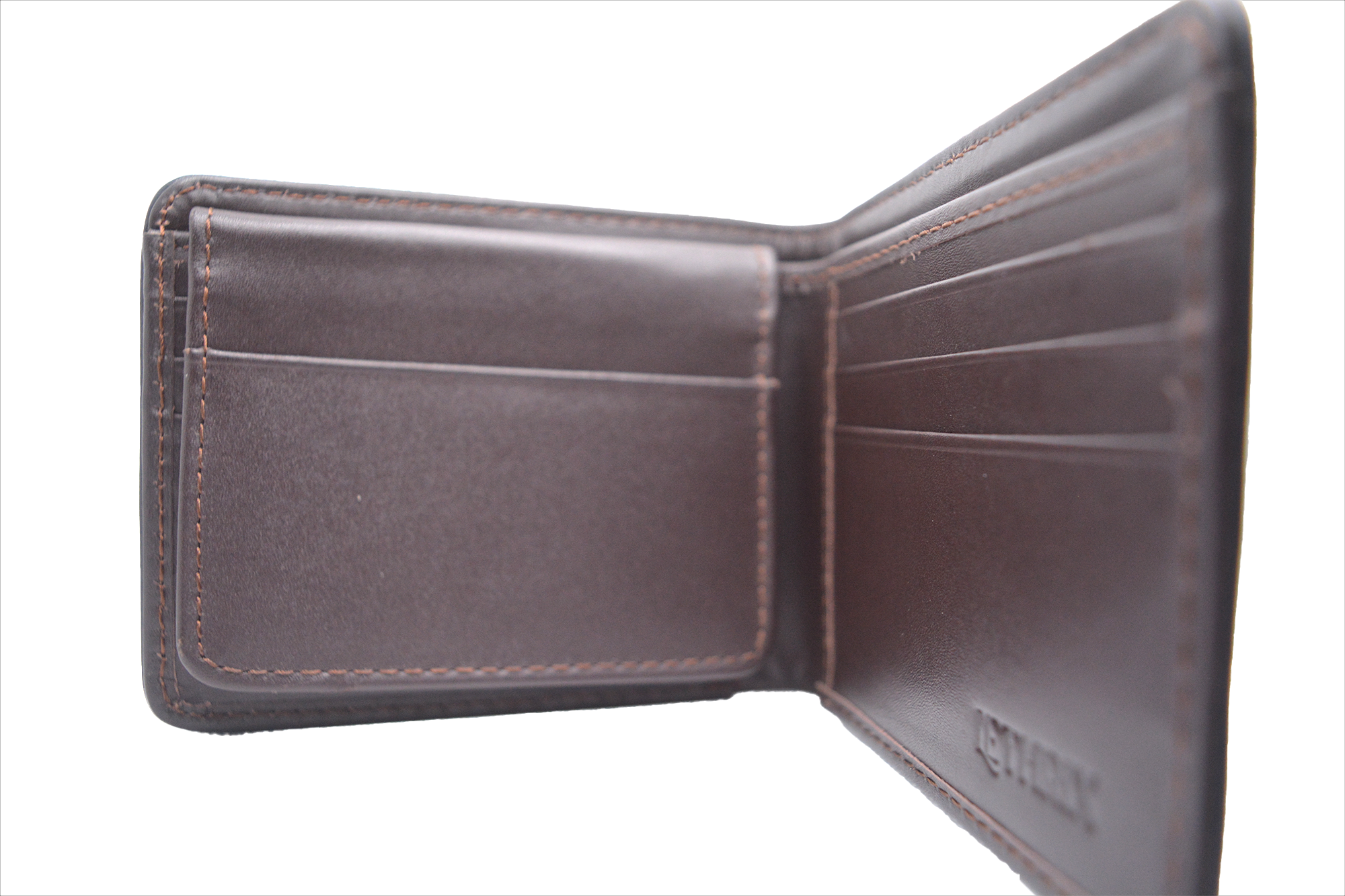 Brown leather wallet with visible stitching on a white background
