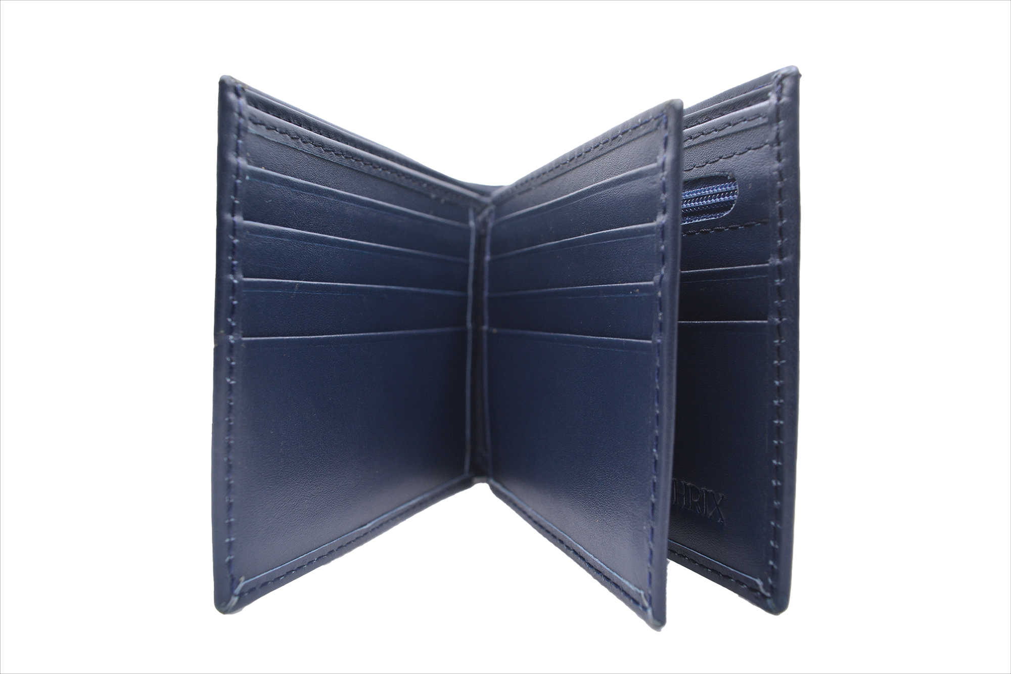 Gray leather wallet with 'Leather' branding on a white background