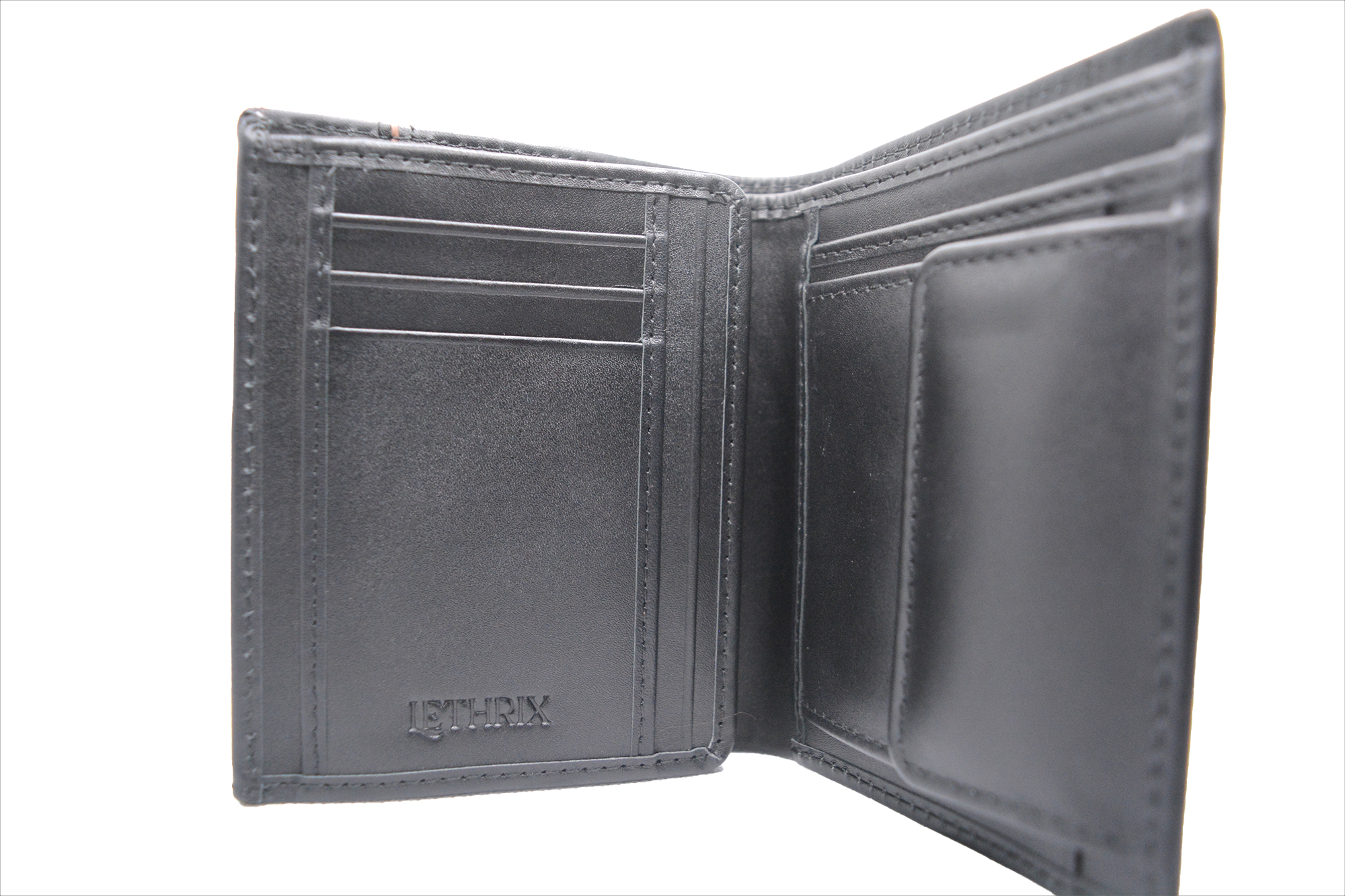 Black leather wallet with 'Lethrix' branding on a white background