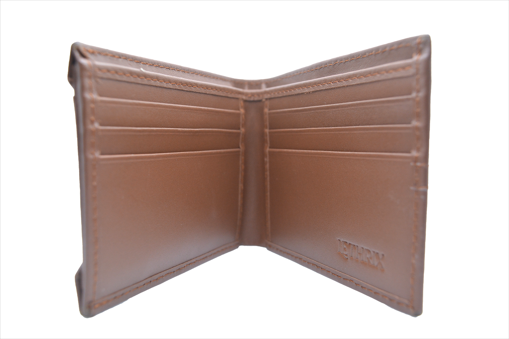 Open brown leather wallet on a white background