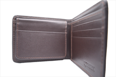 Brown leather wallet with visible stitching on a white background