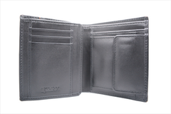 Open black leather wallet on a white background