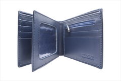 Blue leather wallet open on a white background