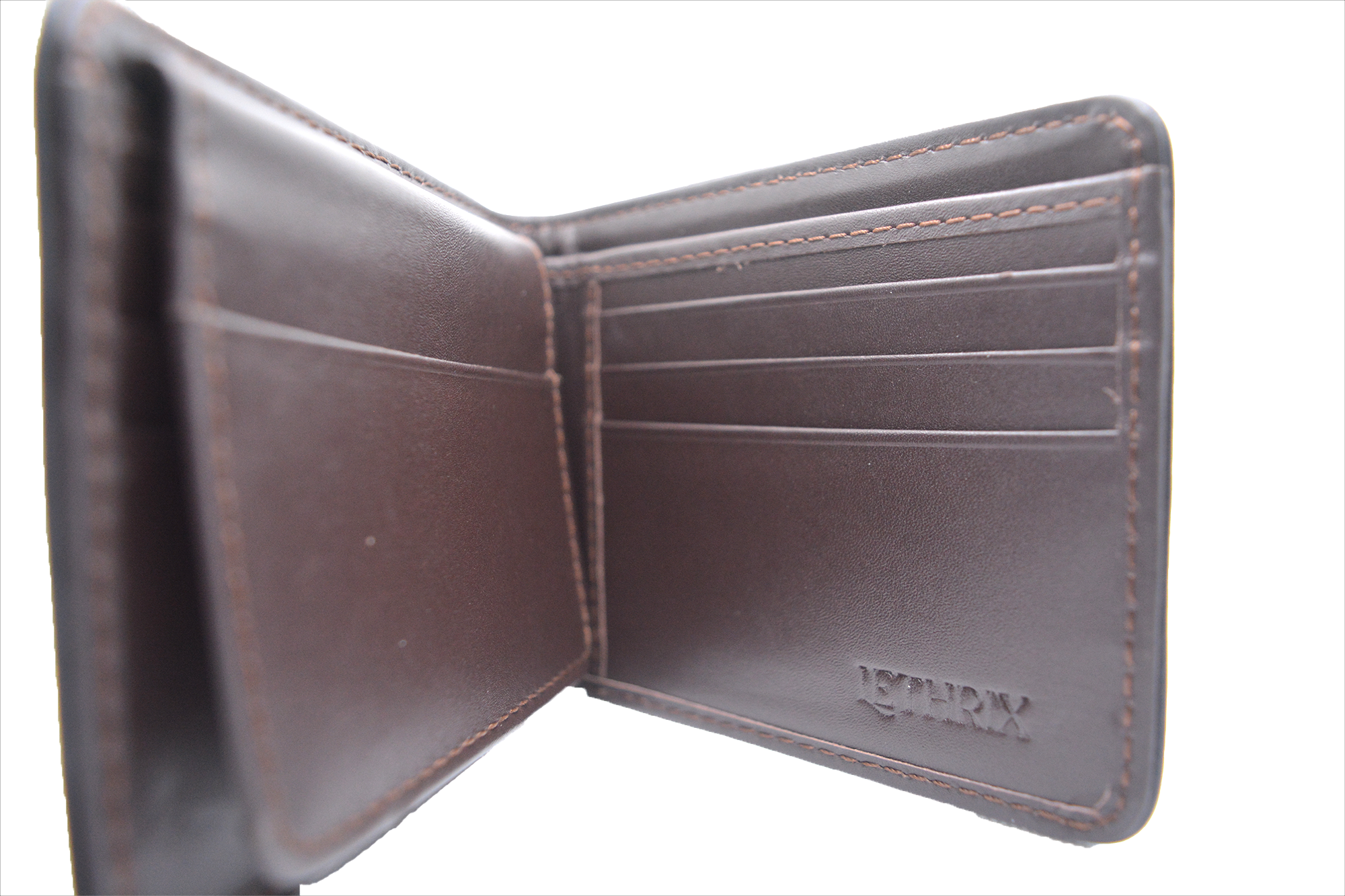Brown leather wallet with 'LETHRIX' branding on a white background